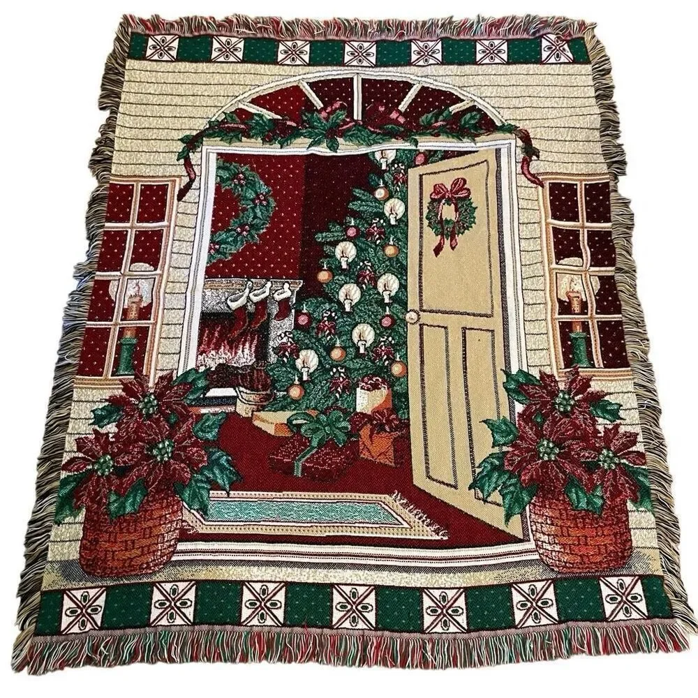 Home For Christmas Throw Blanket 44”x54” Afghan Tapestry Holiday Tree Stocking